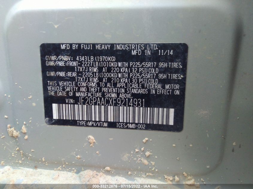 2015 SUBARU XV CROSSTREK JF2GPAACXF9214931