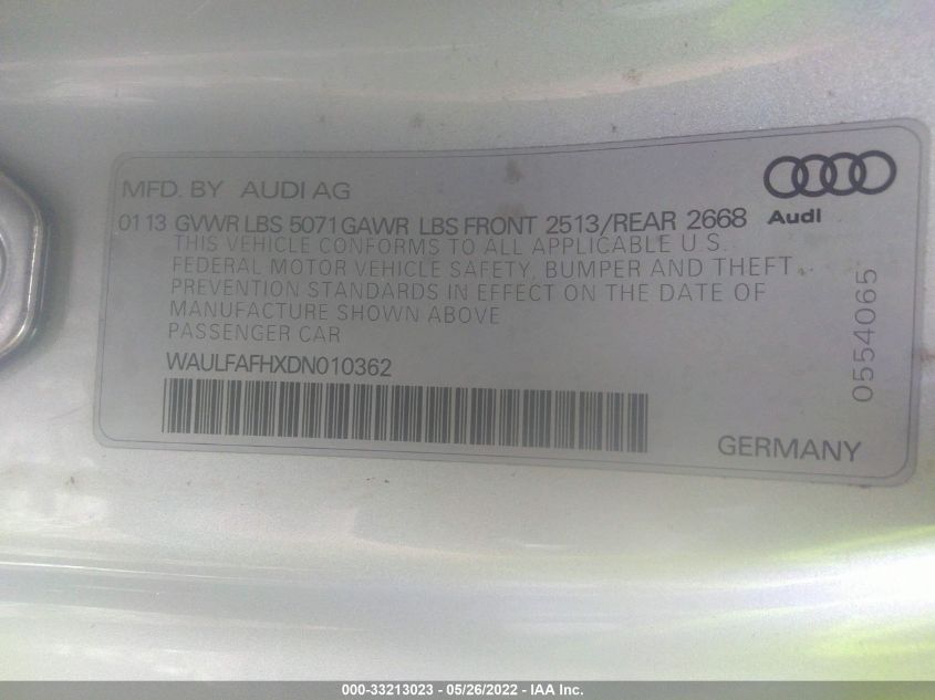 2013 AUDI A5 PREMIUM PLUS WAULFAFHXDN010362