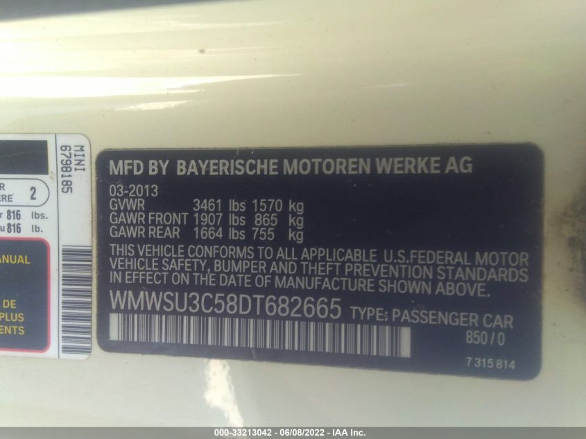 2013 MINI COOPER HARDTOP WMWSU3C58DT682665