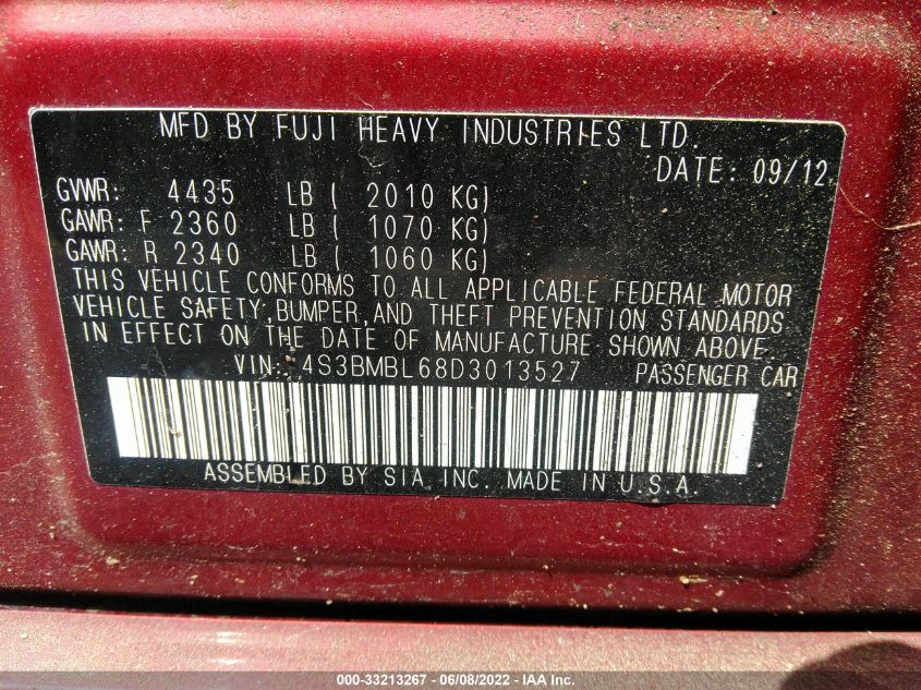 2013 SUBARU LEGACY 2.5I LIMITED 4S3BMBL68D3013527