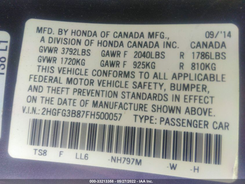 2015 HONDA CIVIC COUPE EX 2HGFG3B87FH500057