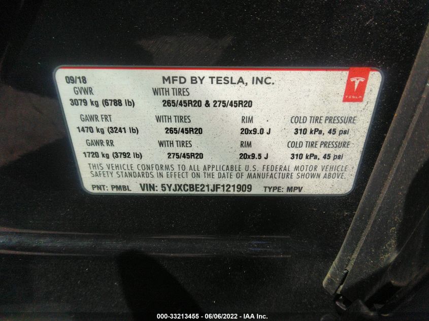 2018 TESLA MODEL X 75D/100D/P100D 5YJXCBE21JF121909