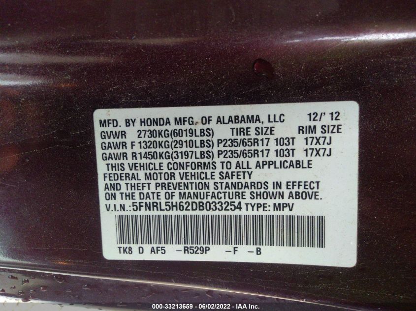 2013 HONDA ODYSSEY EX-L 5FNRL5H62DB033254