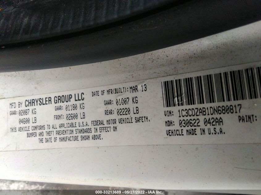 2013 DODGE AVENGER SE 1C3CDZAB1DN680817