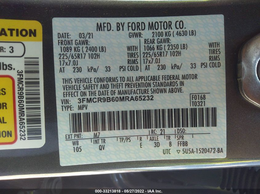2021 FORD BRONCO SPORT BIG BEND 3FMCR9B60MRA65232