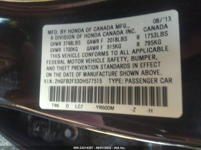 2013 HONDA CIVIC SDN LX 2HGFB2F53DH577515