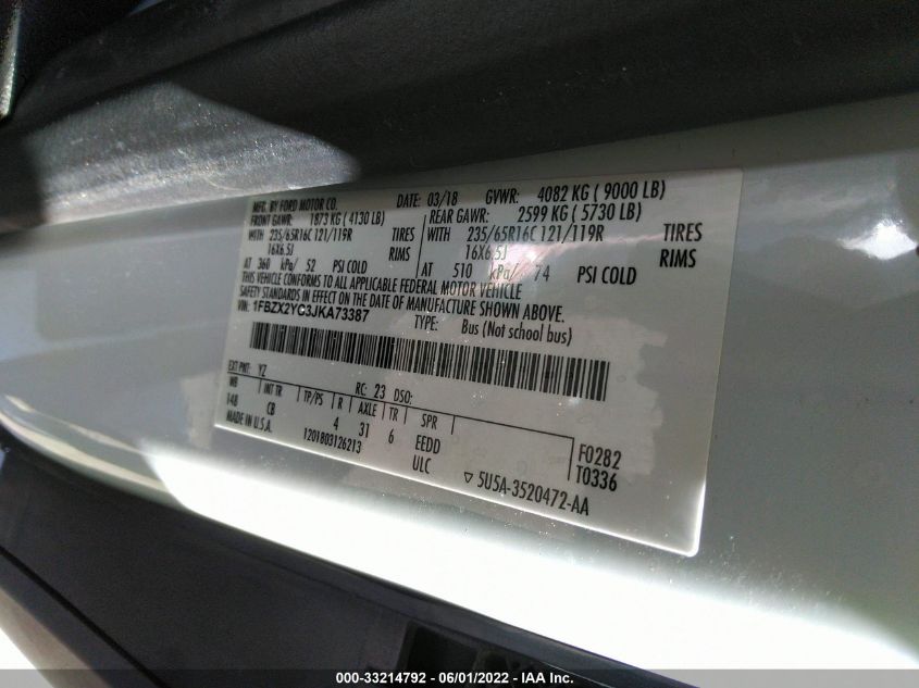 2018 FORD TRANSIT PASSENGER WAGON XL/XLT 1FBZX2YG3JKA73387