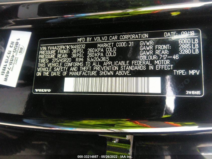 2019 VOLVO XC90 MOMENTUM YV4A22PK1K1449232