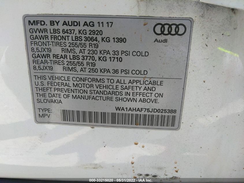 2018 AUDI Q7 PREMIUM WA1AHAF75JD025388