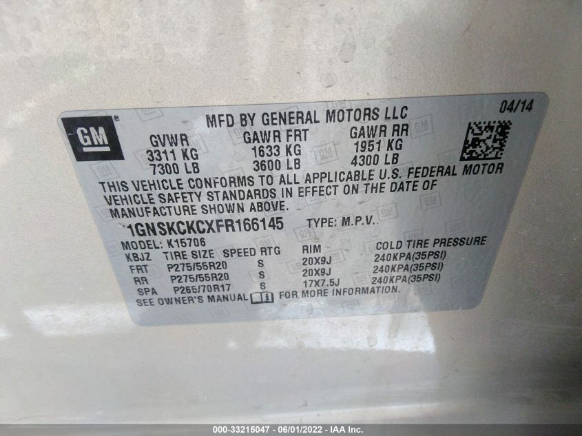 2015 CHEVROLET TAHOE LTZ 1GNSKCKCXFR166145