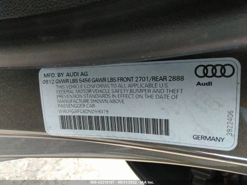 2013 AUDI A7 3.0 PREMIUM PLUS WAUYGAFC8DN059079