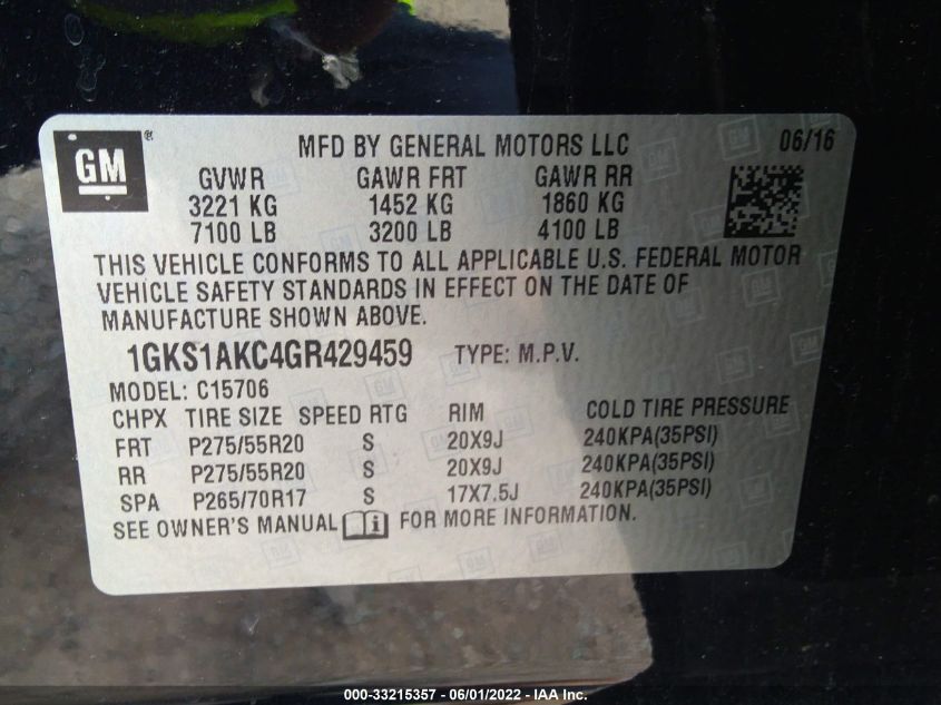 2016 GMC YUKON SLE 1GKS1AKC4GR429459