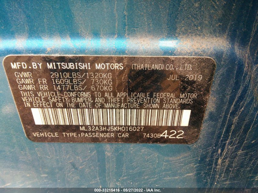 2019 MITSUBISHI MIRAGE ES/RF ML32A3HJ5KH016027