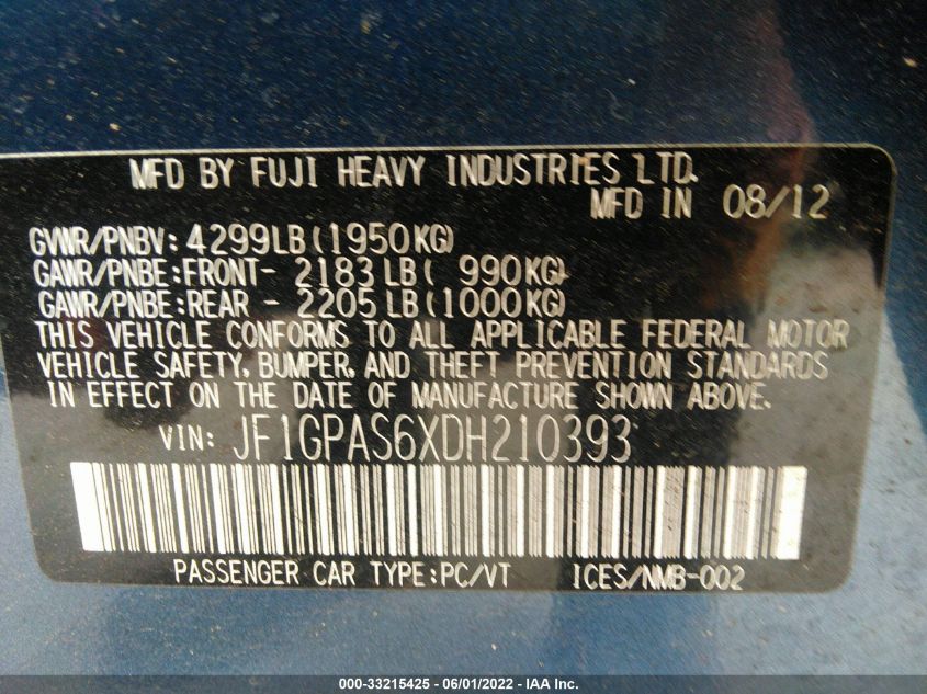 2013 SUBARU IMPREZA WAGON 2.0I SPORT LIMITED JF1GPAS6XDH210393