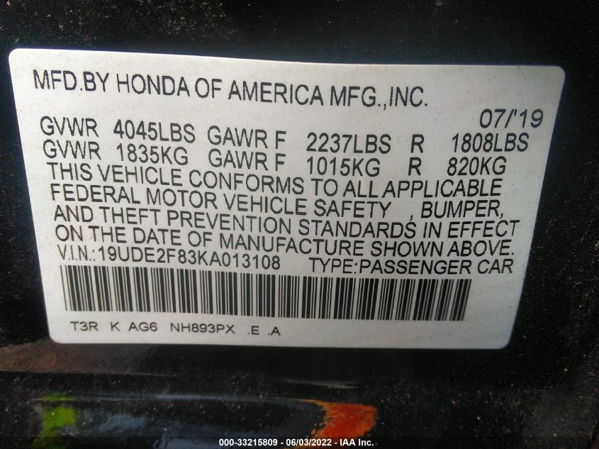 2019 ACURA ILX PKG 19UDE2F83KA013108