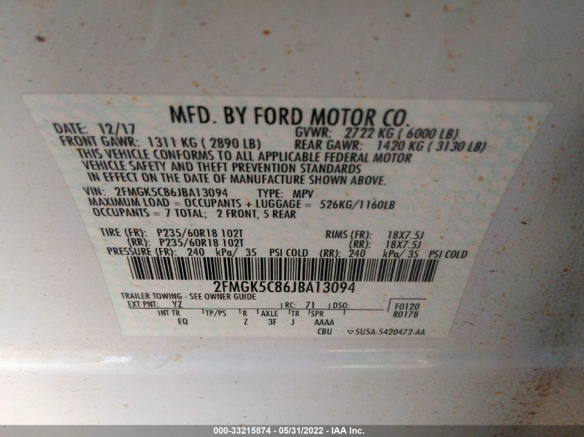 2018 FORD FLEX SEL 2FMGK5C86JBA13094
