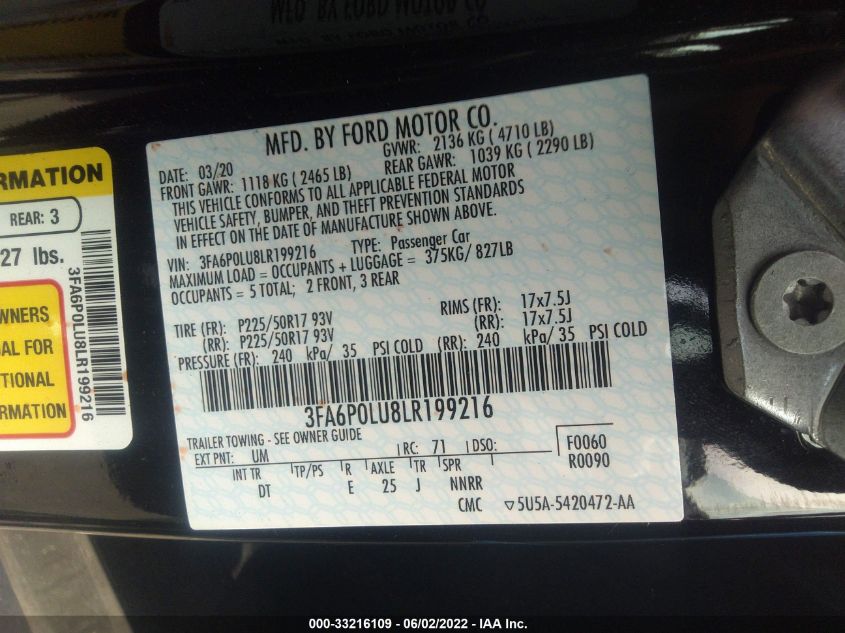 2020 FORD FUSION HYBRID SE 3FA6P0LU8LR199216