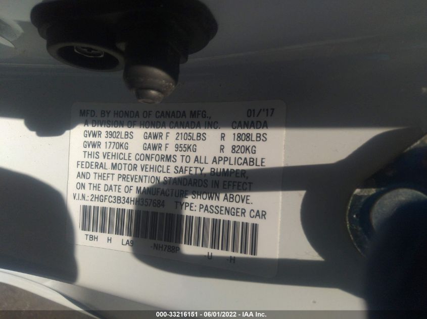 2017 HONDA CIVIC COUPE EX-T 2HGFC3B34HH357684