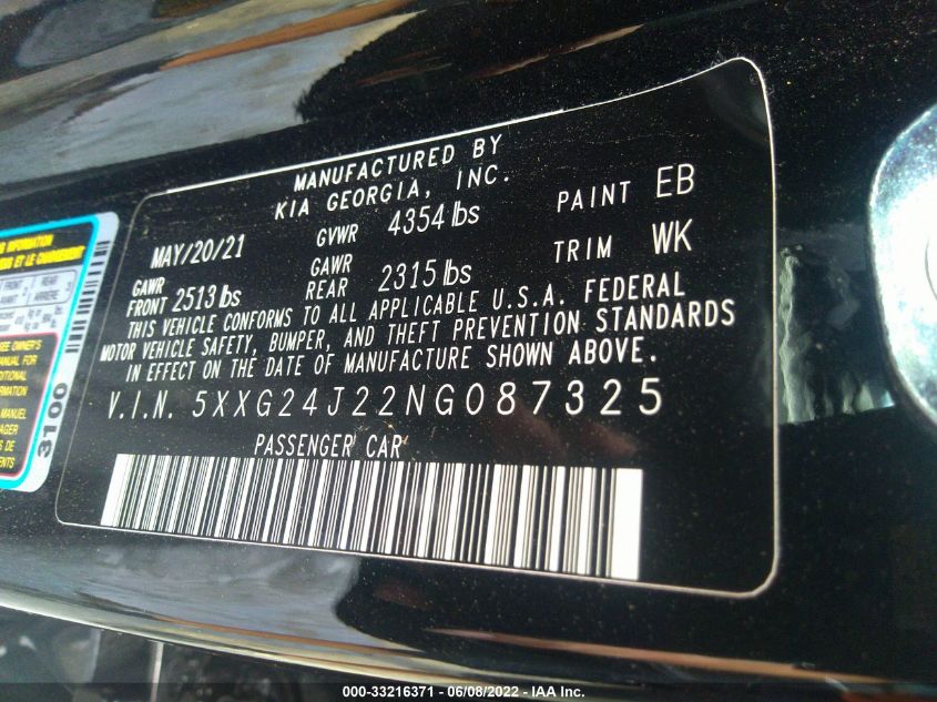 2022 KIA K5 LX 5XXG24J22NG087325