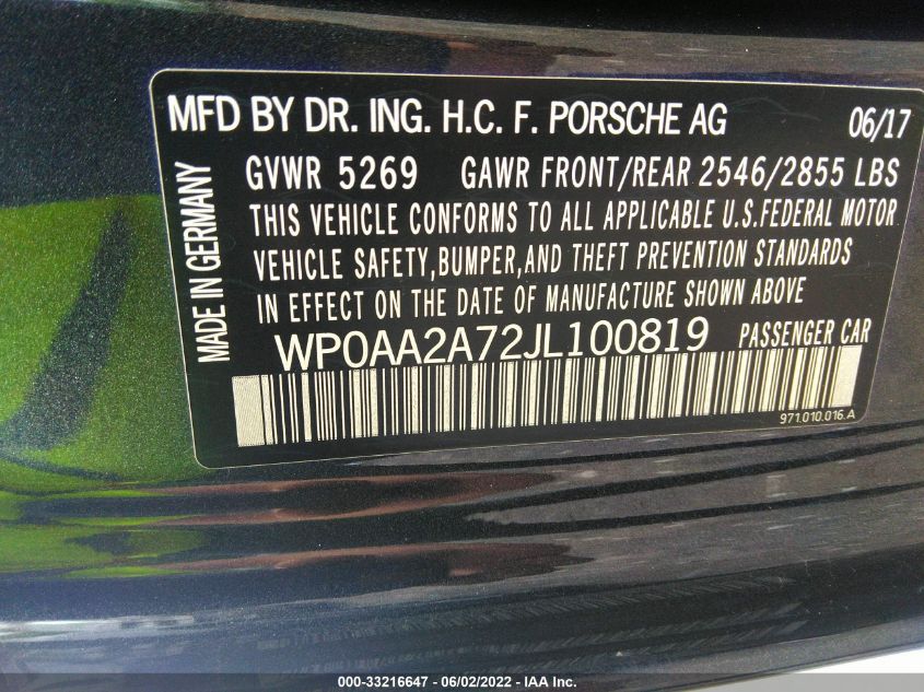 2018 PORSCHE PANAMERA WP0AA2A72JL100819