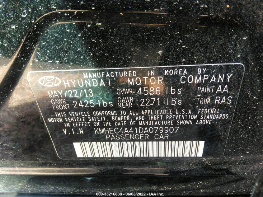 2013 HYUNDAI SONATA HYBRID LIMITED KMHEC4A41DA079907