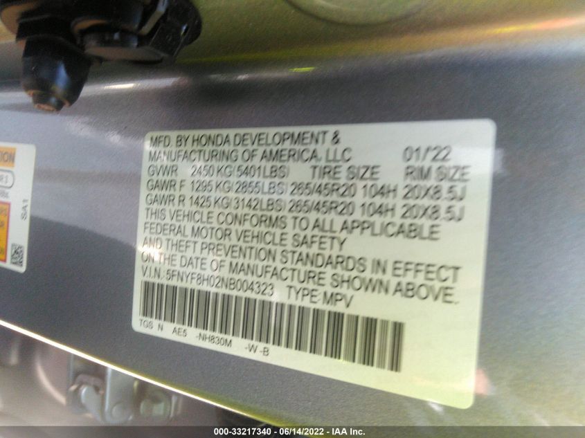 2022 HONDA PASSPORT ELITE 5FNYF8H02NB004323