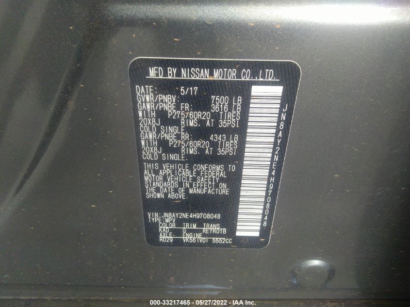 2017 NISSAN ARMADA PLATINUM JN8AY2NE4H9708048