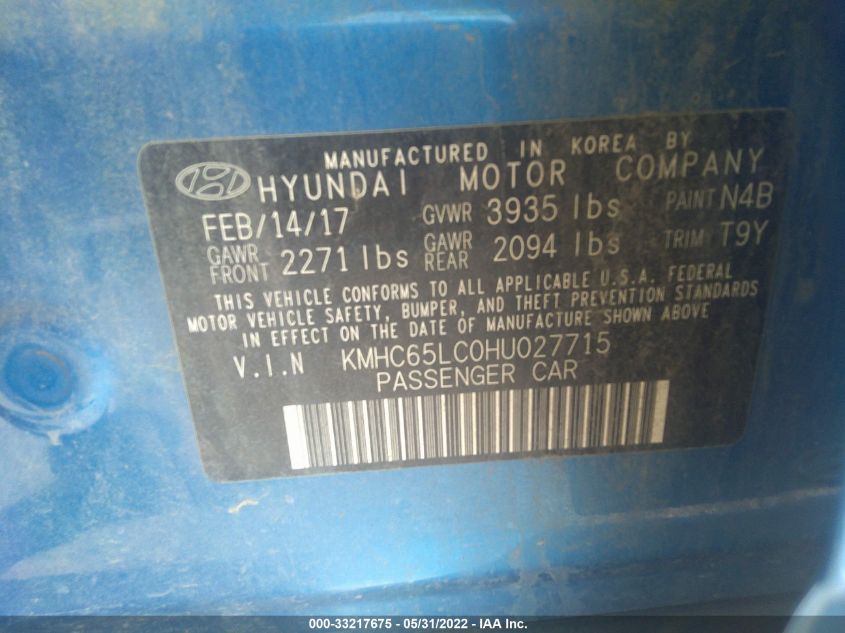 2017 HYUNDAI IONIQ HYBRID BLUE KMHC65LC0HU027715