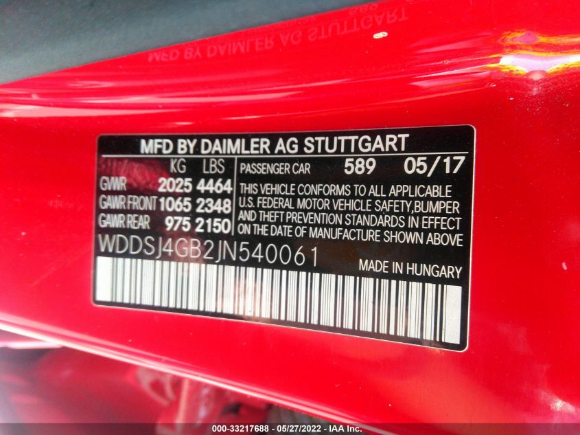 2018 MERCEDES-BENZ CLA CLA 250 WDDSJ4GB2JN540061