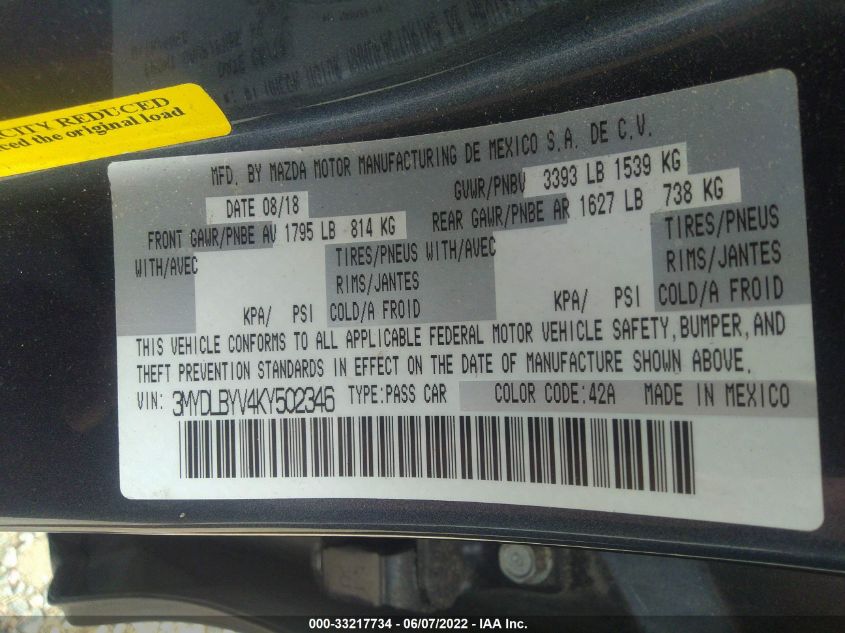 2019 TOYOTA YARIS SEDAN L/LE/XLE 3MYDLBYV4KY502346