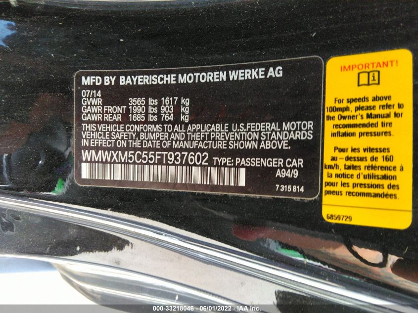 2015 MINI COOPER HARDTOP WMWXM5C55FT937602