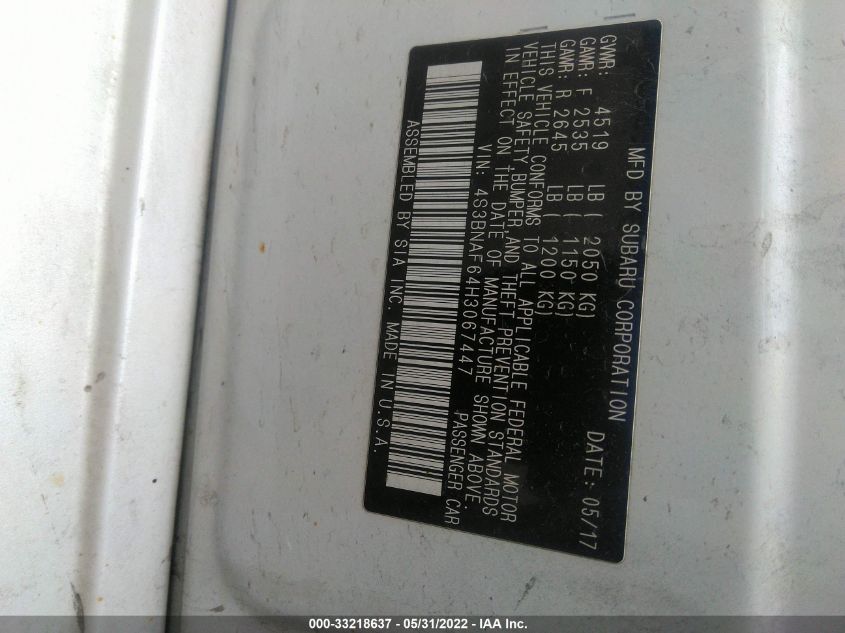 2017 SUBARU LEGACY PREMIUM 4S3BNAF64H3067447