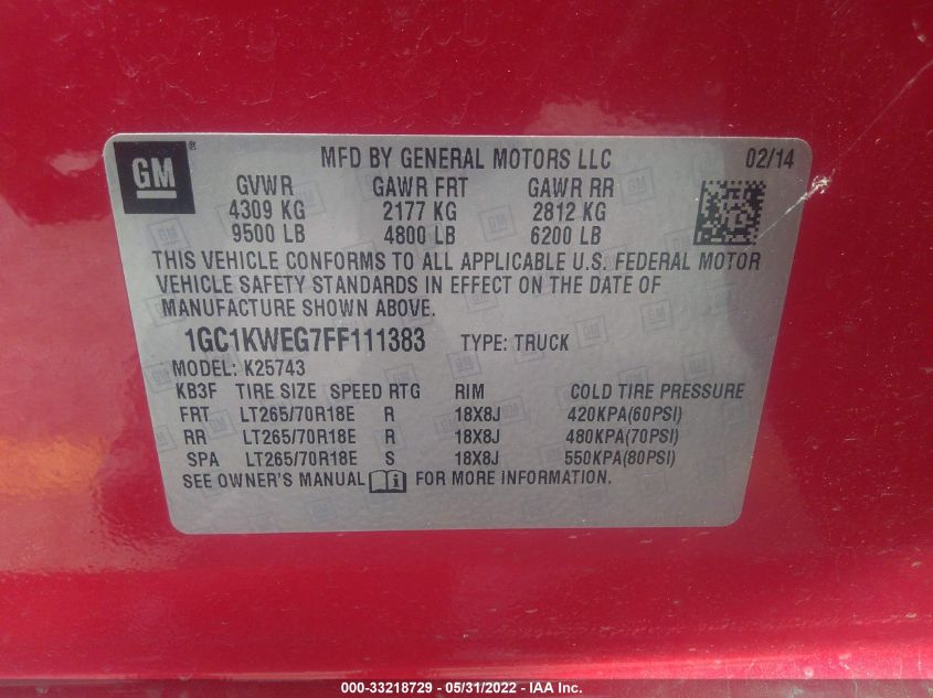 2015 CHEVROLET SILVERADO 2500HD LTZ 1GC1KWEG7FF111383