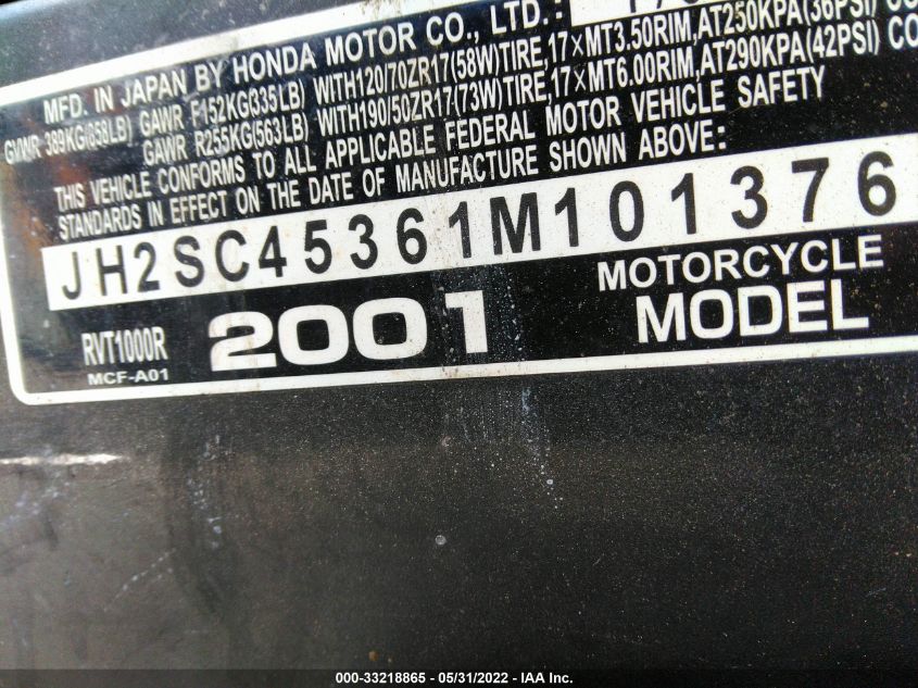 2001 HONDA RVT1000 R JH2SC45361M101376