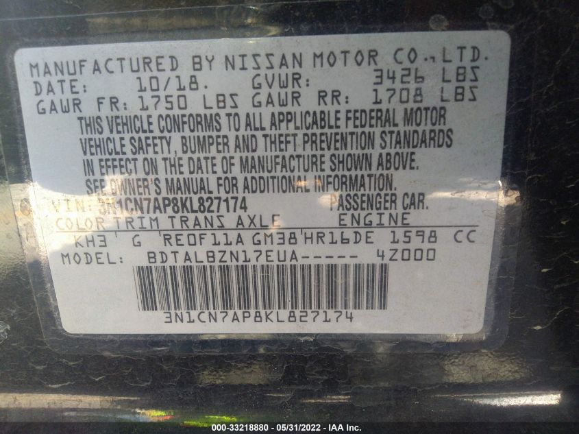2019 NISSAN VERSA SEDAN SV 3N1CN7AP8KL827174