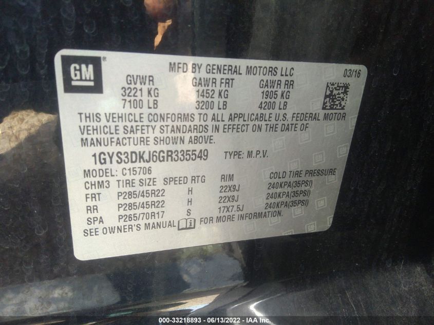 2016 CADILLAC ESCALADE PLATINUM 1GYS3DKJ6GR335549