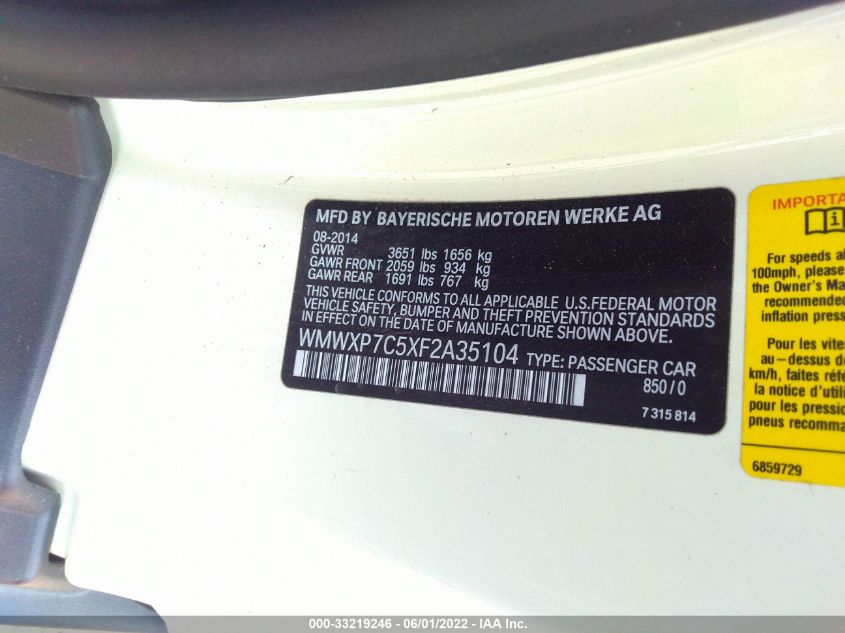 2015 MINI COOPER HARDTOP S WMWXP7C5XF2A35104