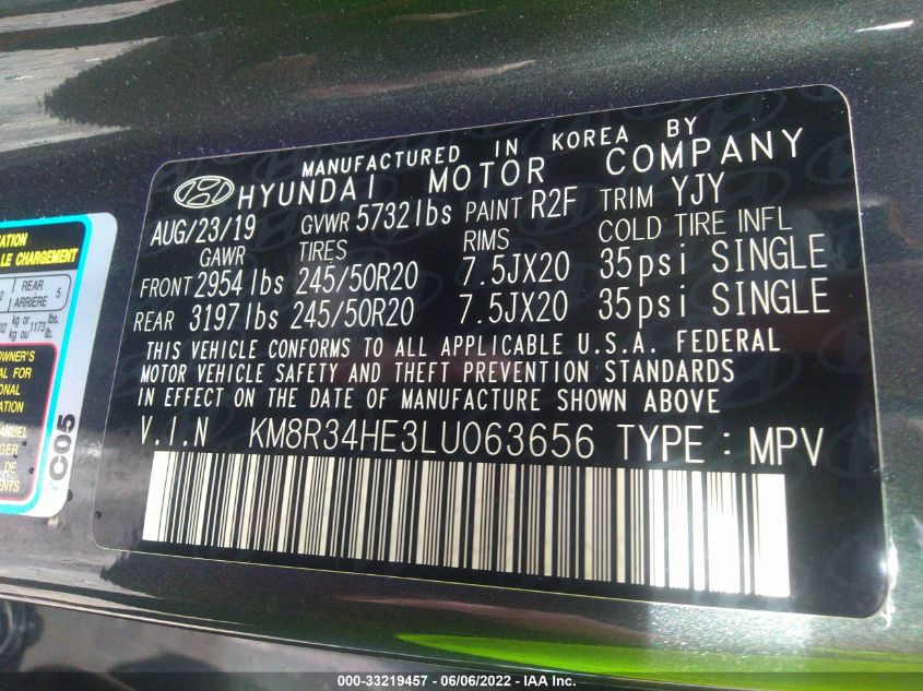 2020 HYUNDAI PALISADE SEL KM8R34HE3LU063656