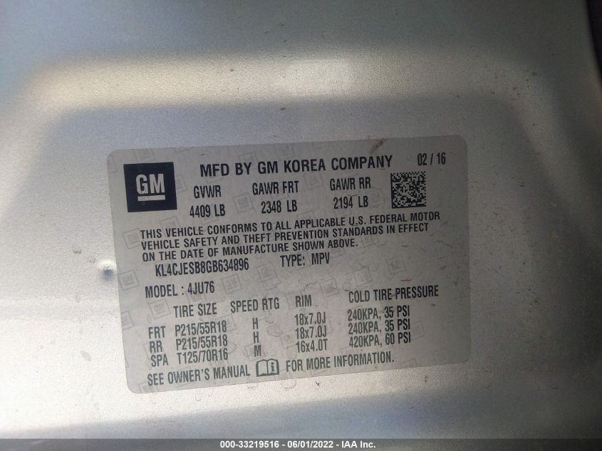 2016 BUICK ENCORE KL4CJESB8GB634896