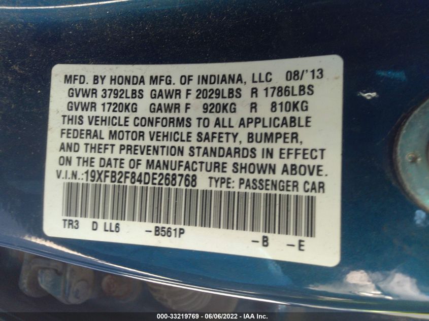 2013 HONDA CIVIC SDN EX 19XFB2F84DE268768