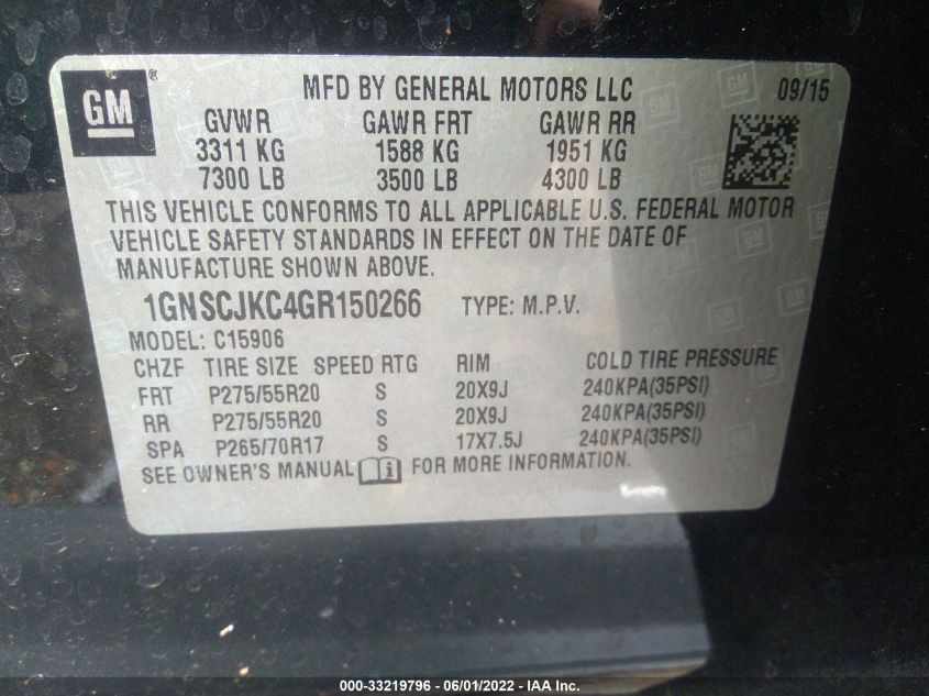 2016 CHEVROLET SUBURBAN C1500 LTZ 1GNSCJKC4GR150266