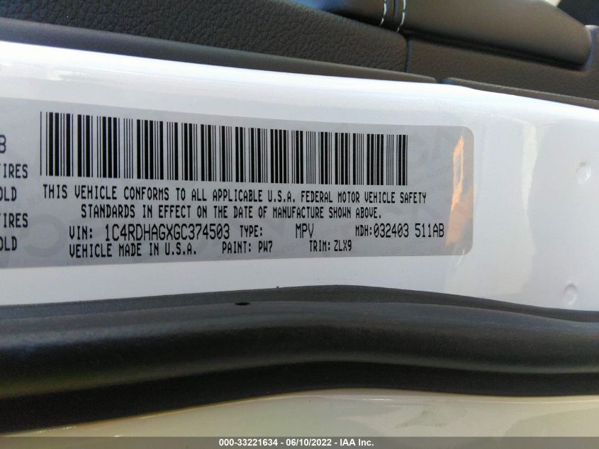 2016 DODGE DURANGO SXT 1C4RDHAGXGC374503