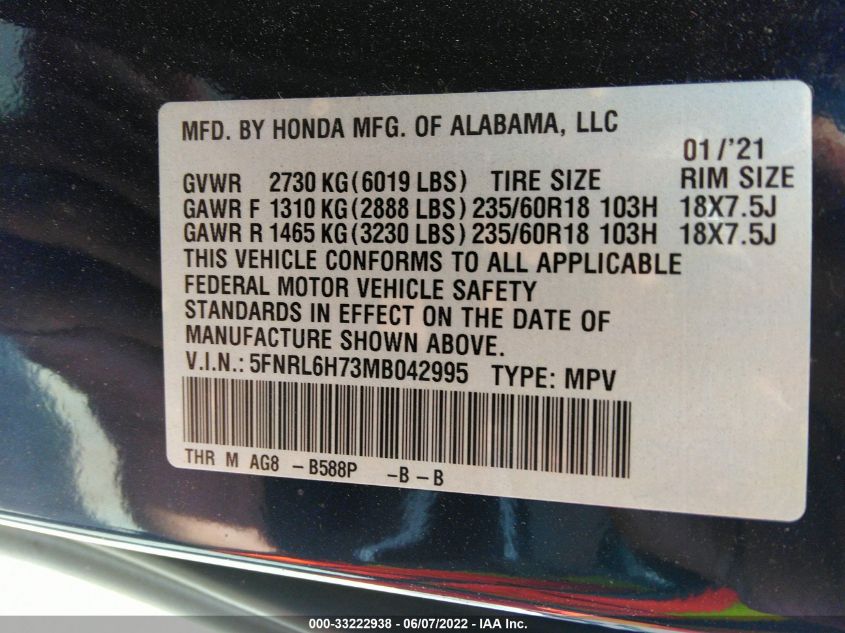 2021 HONDA ODYSSEY EX-L 5FNRL6H73MB042995