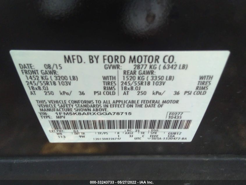 2016 FORD UTILITY POLICE 1FM5K8ARXGGA78715