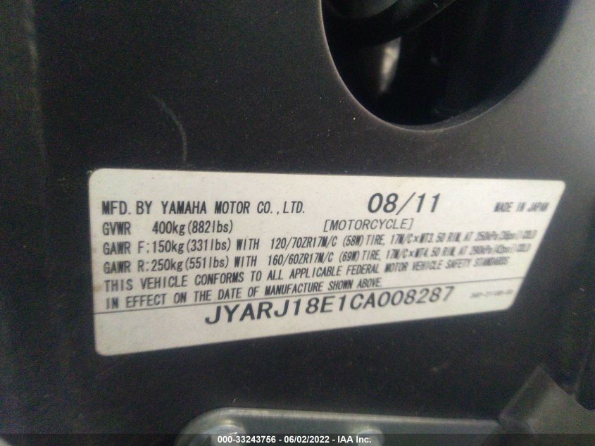 2012 YAMAHA FZ6 R JYARJ18E1CA008287