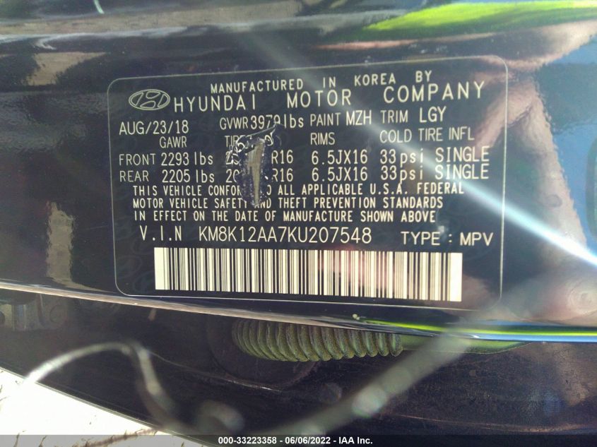 2019 HYUNDAI KONA SE KM8K12AA7KU207548