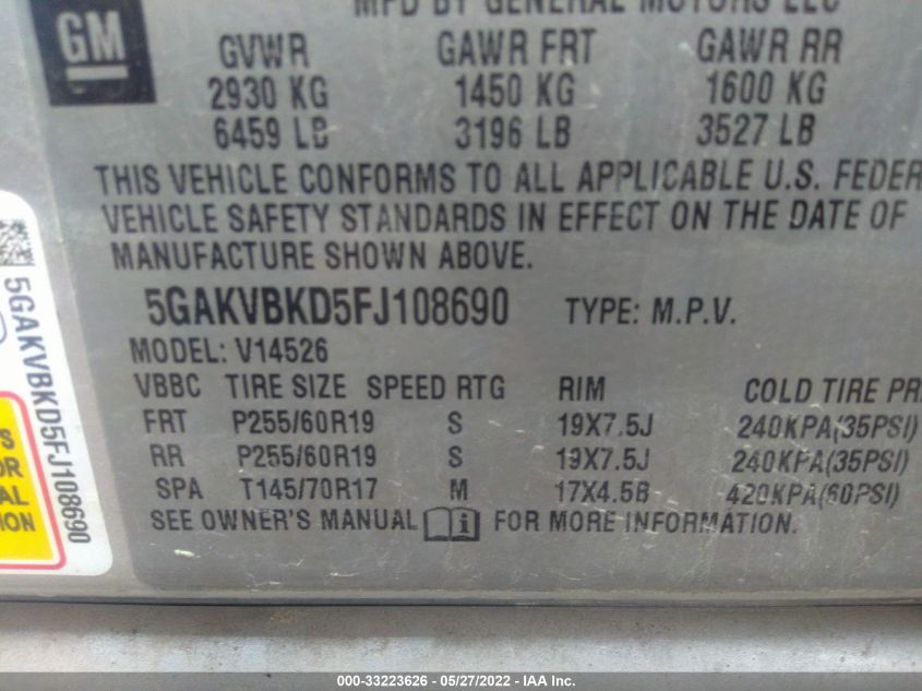 2015 BUICK ENCLAVE LEATHER 5GAKVBKD5FJ108690