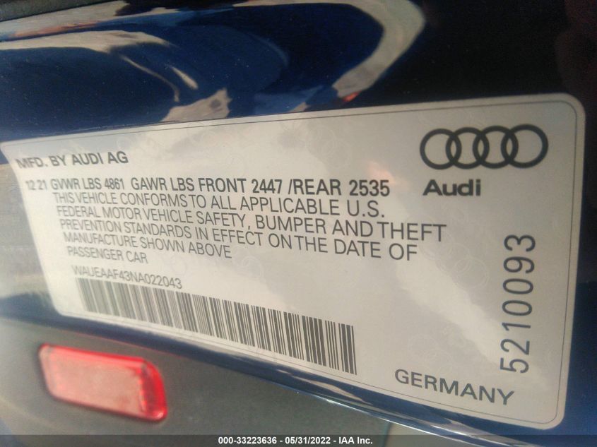 2022 AUDI A4 SEDAN S LINE PREMIUM PLUS WAUEAAF43NA022043