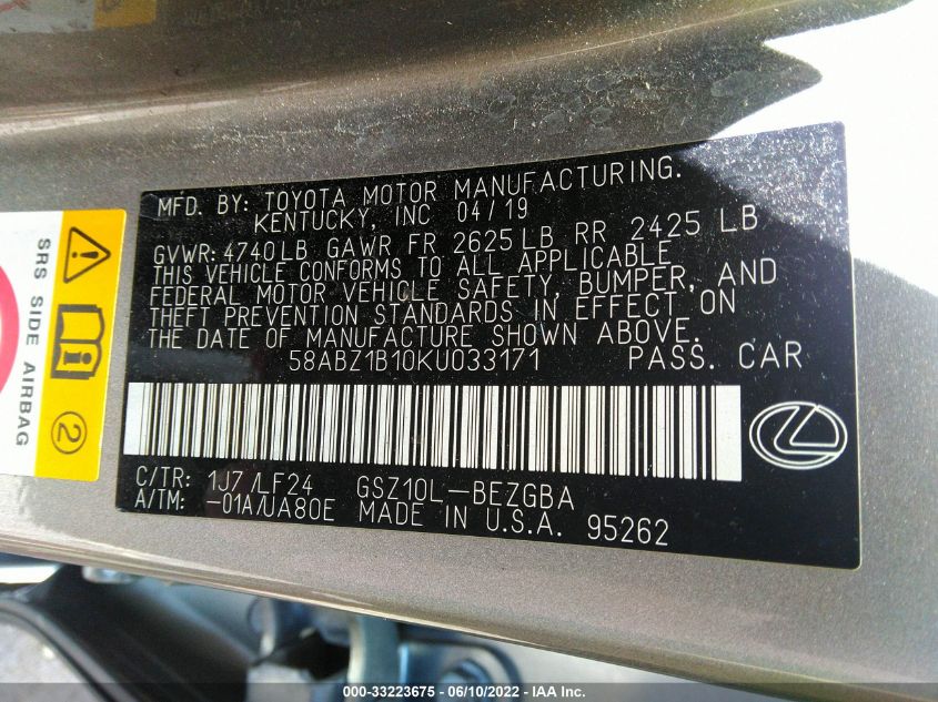 2019 LEXUS ES ES 350 58ABZ1B10KU033171