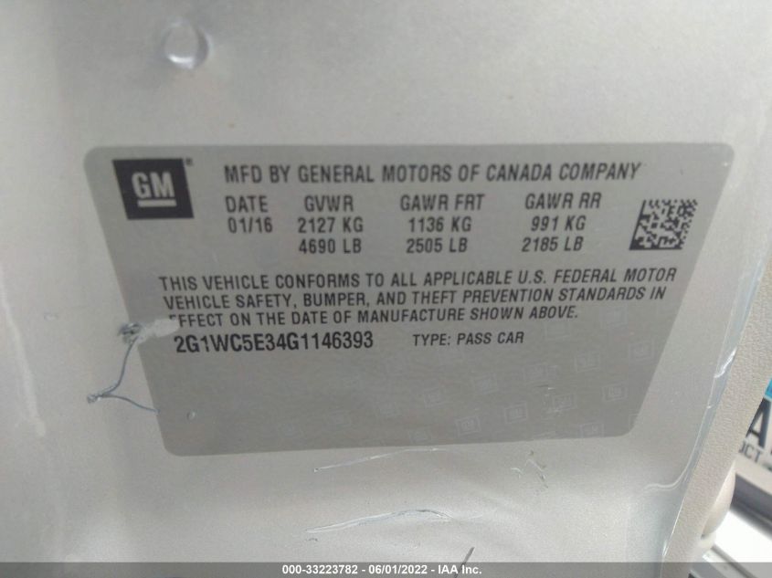2016 CHEVROLET IMPALA LIMITED LTZ 2G1WC5E34G1146393